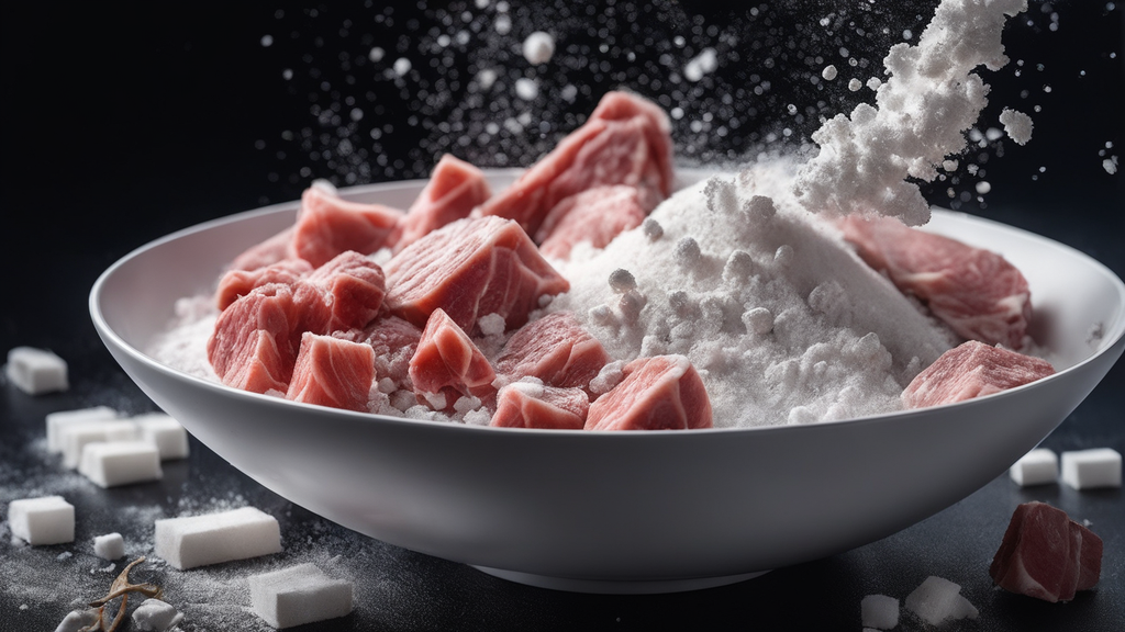 A realistic image of large pile of flour dust explodes with red meet generated by AI